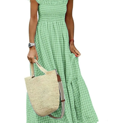 Summer Plaid Print Pleated Ruffle Dress INS Fashion Sleeveless A-line Swing Beach Dress Women's Clothing