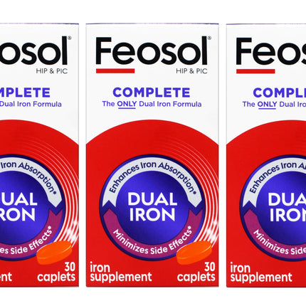 Feosol Complete Iron Supplement – Bifera HIP & PIC, 30 Caplets, Pack of 3