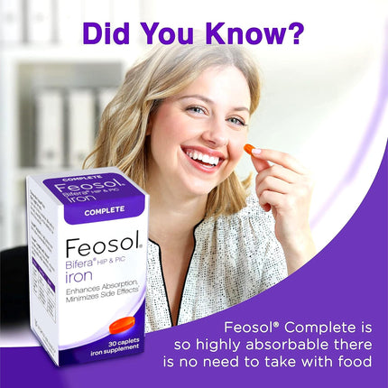 Feosol Complete Iron Supplement – Bifera HIP & PIC, 30 Caplets, Pack of 3
