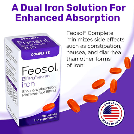 Feosol Complete Iron Supplement – Bifera HIP & PIC, 30 Caplets, Pack of 3