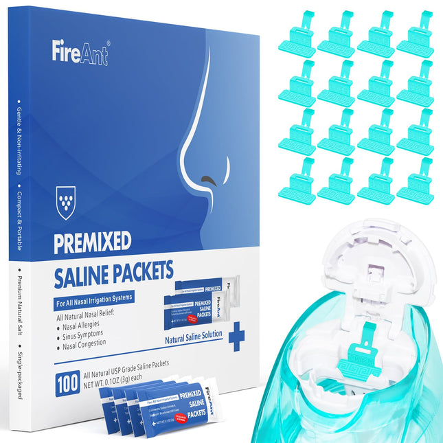 FireAnt 100 Saline Packets & 16 Silicone Pods Refills Set for Navage Nasal Care
