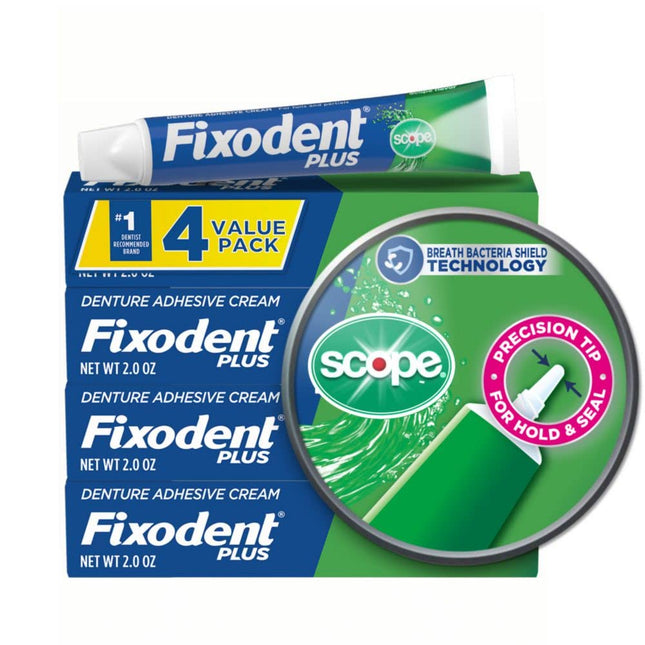 Fixodent Plus Scope Secure Denture Adhesive 2.0oz Pack of 4