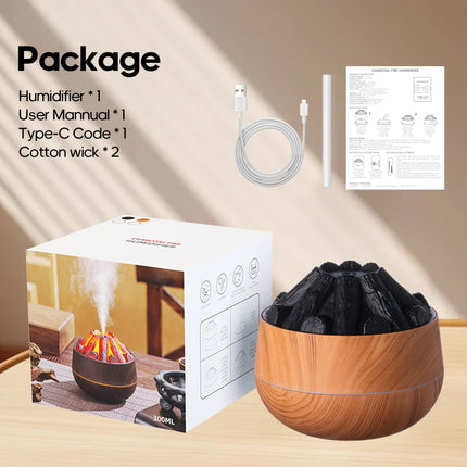 Flame Essential Diffuser Bonfire Humidifier 300ml – Ultra-Quiet Auto-Off, Wood Grain