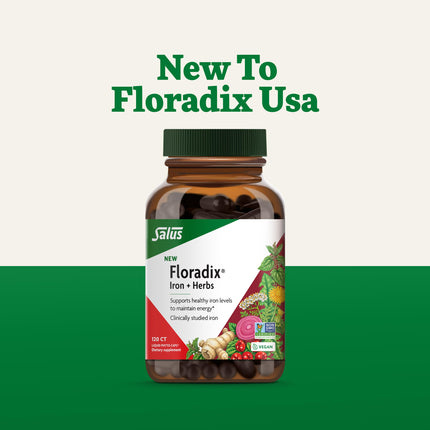 Floradix Iron + Herbs – Vegan Liquid Iron for Energy Support (120 Phyto-Caps)