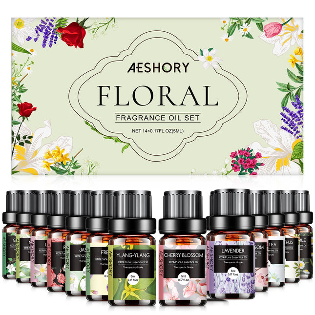 Floral Essential Oils Set - 14 Pcs for Diffusers, Aromatherapy & Candle Making | Lavender, Rose, Jasmine