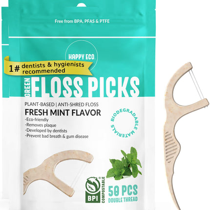 Biodegradable Floss Picks (100pcs) – Plant-Based, Vegan, Eco Mint