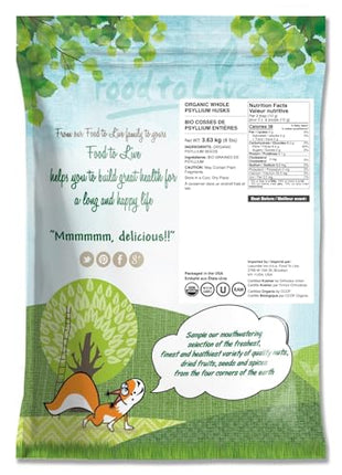 Food to Live Organic Whole Psyllium Husks - 8 lb, Non-GMO, Vegan, Kosher, Keto