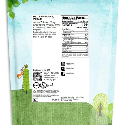 Food to Live Whole Psyllium Husks – 3 lb, Pure Psyllium Husk Flakes, Unflavored, Keto & Vegan