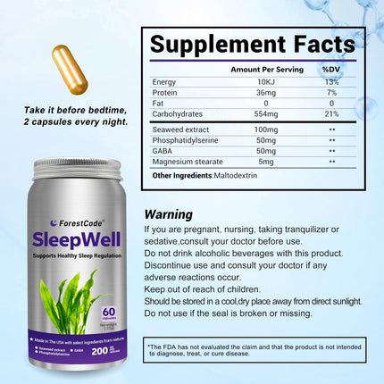 ForestCode Natural Sleep Aid for Adults — GABA & Seaweed Extract, Melatonin-Free, 60 Capsules