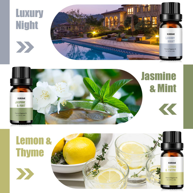 Fragrance Oils Hotel Collection Diffuser Oil Set – Luxury Night, Jasmine & Mint, Lemon & Thyme, White Tea, Floral Citrus, My Way