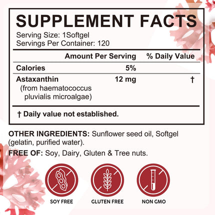 Astaxanthin 12mg Softgels 120 - Premium Antioxidant (Non-GMO & Gluten-Free) for Eye, Skin & Immune Support
