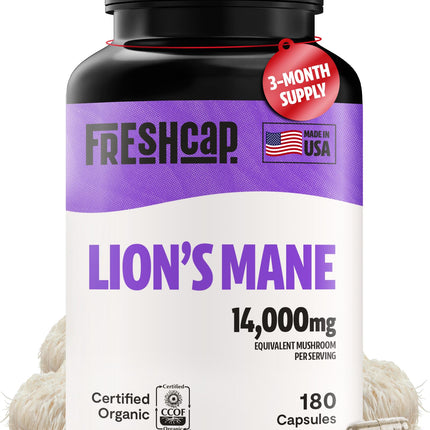 FreshCap Lions Mane Supplement Capsules 14,000mg — Brain Support, Memory & Focus (180 Capsules)