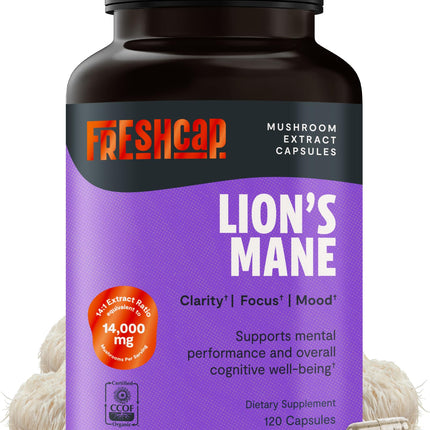 FreshCap Lions Mane Capsules 14,000mg – 14:1 Organic Lion's Mane Extract, Ayurveda Focus, Made in USA (120 Capsules)