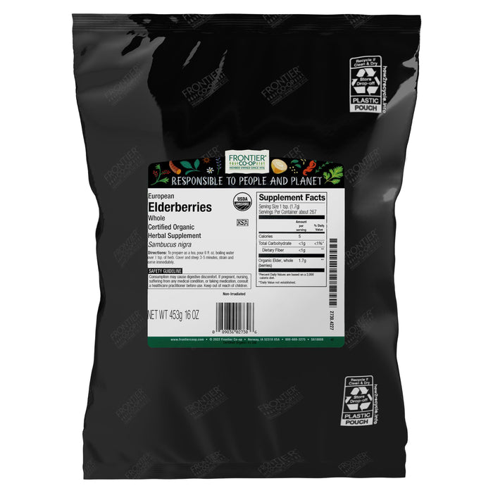 Frontier Co-op Organic Dried Elderberries 1lb Bulk – Kosher & Non-GMO