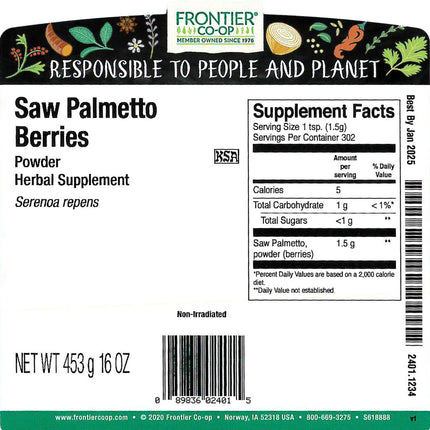 Frontier Bulk Saw Palmetto Berries Powder, 1 Pound