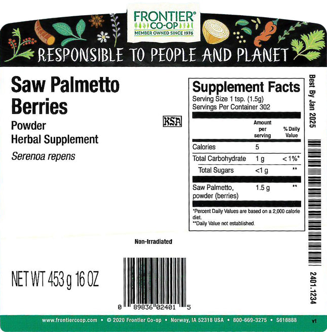 Frontier Bulk Saw Palmetto Berries Powder, 1 Pound