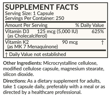 Futurebiotics Vitamin K2 (MK7) with D3 – Non-GMO, 5000 IU D3 & 90 mcg MK-7, 2-Pack (250 Veg Capsules per Bottle)