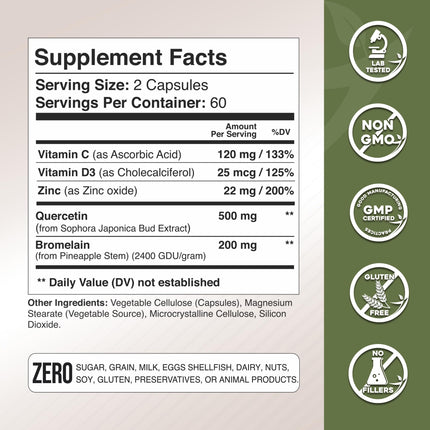Quercetin with Bromelain, Vitamin C & D3 + Zinc – Immune Support Capsules | Made in USA