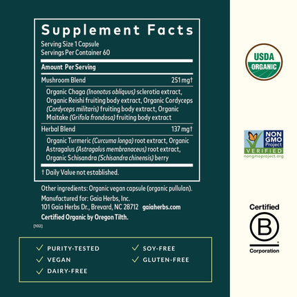 Gaia Herbs Everyday Immune Mushrooms & Herbs — Immune Support (60 Vegan Capsules)