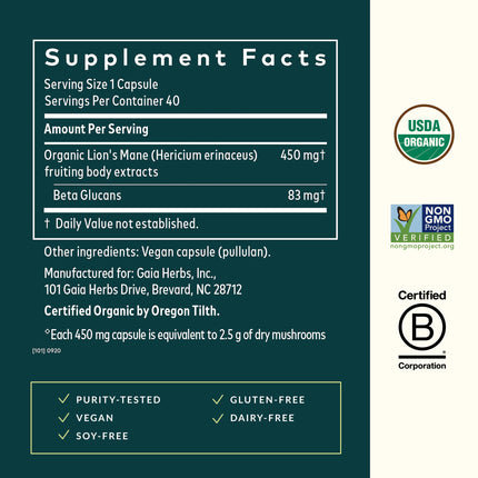 Gaia Herbs Lion’s Mane Mushroom – Brain & Nerve Health Support* | 40 Vegan Capsules