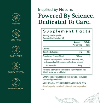 GAIA HERBS PRO Ashwagandha 700 - Immune Support & Calm, 120 Liquid Phyto-Caps (60 Servings)