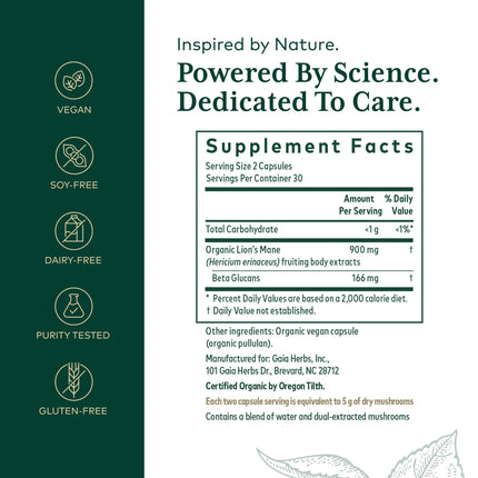 Gaia Herbs PRO Lions Mane Mushroom - Brain Health, 2,500mg/Serving, 60 Capsules, Organic