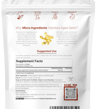 Micro Ingredients Odorless Garlic Softgels, 300 Count | 2-Year Aged Garlic Extract
