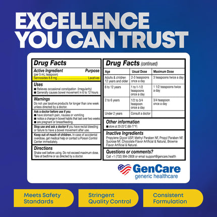 GenCare Senna Syrup Liquid Laxative - All Natural, Easy-to-Swallow 8 Oz