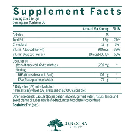 Genestra Brands Cod Liver Oil DHA-EPA Forte Capsules | DHA & EPA + Vitamins A & D | 60 Softgels