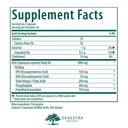 Genestra Brands Krill Oil | Omega-3, Phospholipids & Astaxanthin | 60 Capsules