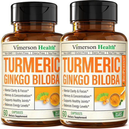 Vimerson Health Ginkgo Biloba & Turmeric Curcumin Supplement with Black Pepper – Focus, Memory & Joint Support – Vegan 2-Pack