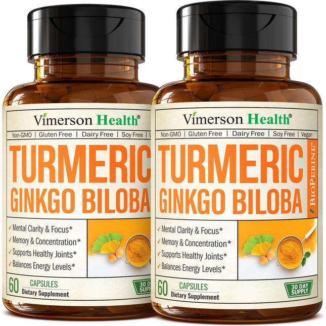 Vimerson Health Ginkgo Biloba & Turmeric Curcumin Supplement with Black Pepper – Focus, Memory & Joint Support – Vegan 2-Pack