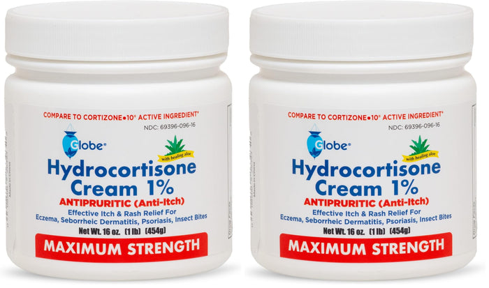 Globe Hydrocortisone 1% Cream with Aloe – 16 oz Jar (Pack of 2) | Maximum-Strength Anti-Itch Relief