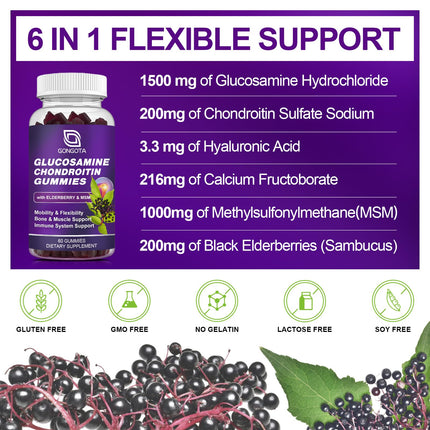 GONGOTA Glucosamine Chondroitin Gummies – 2-Pack, Extra Strength 1500mg
