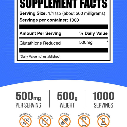 BulkSupplements Glutathione Reduced Powder – 500 mg per Serving, Gluten Free, 500 g