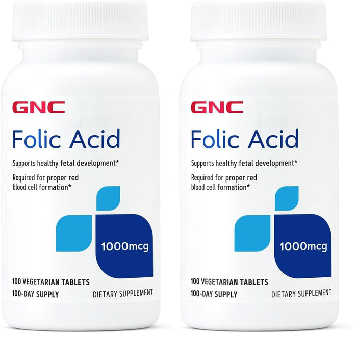 GNC Folic Acid 1000mcg – Supports Healthy Fetal Development | Vegetarian Formula | 100 Count (Pack of 2)