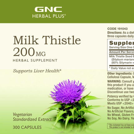 GNC Herbal Plus Milk Thistle 200mg Supplement – Vegetarian, Supports Healthy Liver Function, 300 Servings