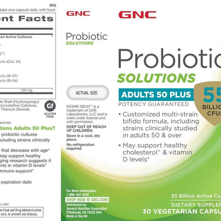 GNC Probiotic Solutions Adults 50+ – 55B CFU Daily Probiotic for Digestive & Immune Support | 30 Capsules