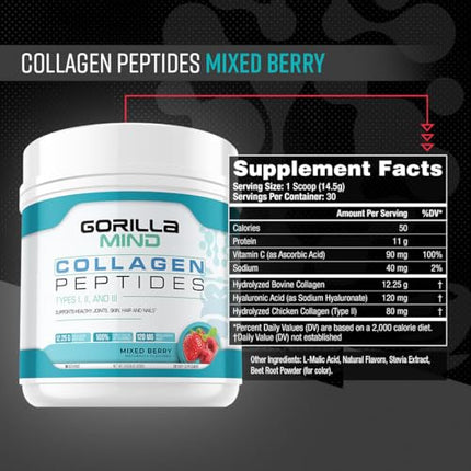 Gorilla Mind Collagen Peptides Powder – Joint Health, Skin, Hair & Nails | Mixed Berry 426g