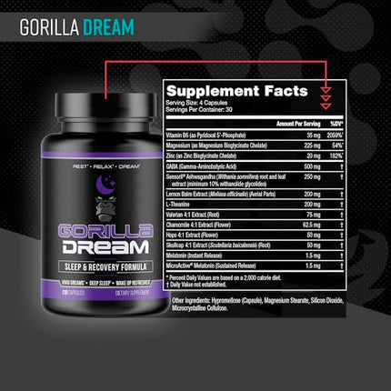 Gorilla Mind Dream Sleep Supplement (120 Capsules) - Nootropic Sleep & Recovery