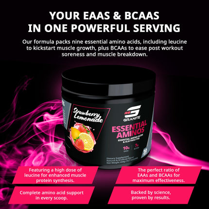 Granite EAAs Powder – 10g EAAs, 7g BCAAs, 448g, Strawberry Lemonade