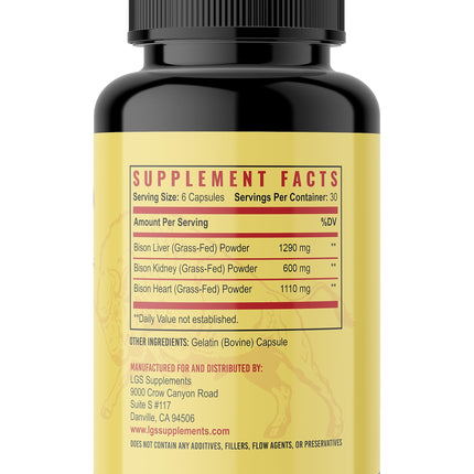 Grass Fed Bison Organ Supplement – Liver, Heart & Kidney | Non-GMO | 180 Capsules