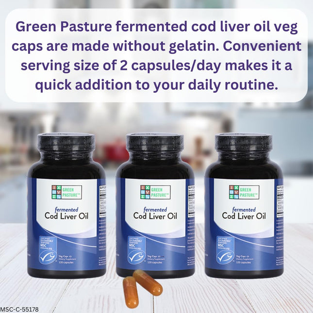 Green Pasture Fermented Cod Liver Oil - Non-Gelatin, 120 Capsules