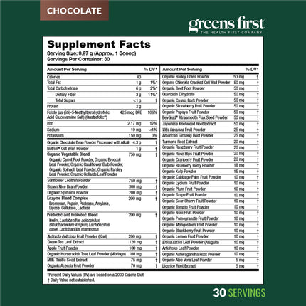Greens First Original Greens Powder - 49 Superfoods, Organic, Vegan (Chocolate, 30 Servings)