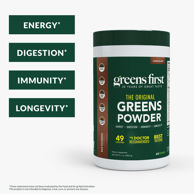 Greens First Original Greens Powder - 49 Superfoods, Chocolate, 60 Servings | Vegan & Non-GMO