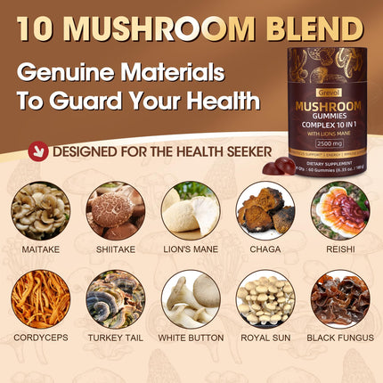 Grevol Mushroom Gummies with Lion's Mane – 60 Counts | 10-Mushroom Complex