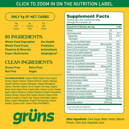Grüns Adults Super Greens Multivitamin Gummies – 60+ Nutrients, 6g Fiber, 28 Pack