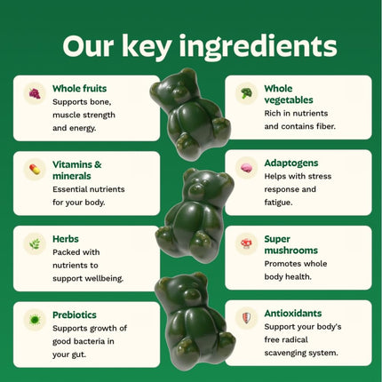 Grüns Adults Super Greens Multivitamin Gummies – 60+ Nutrients, 6g Fiber, 28 Pack