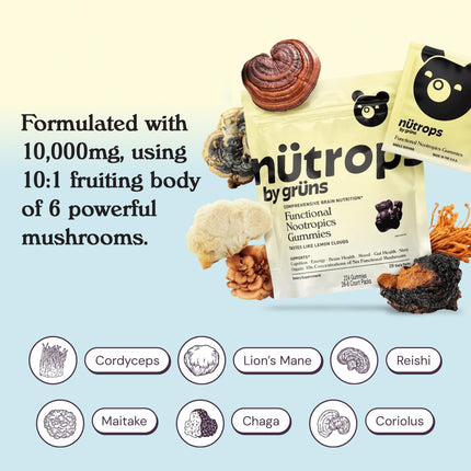 Grüns Nutrops Sugar-Free Lions Mane Gummies — Focus, Energy & Brain Health (28 Day Supply)