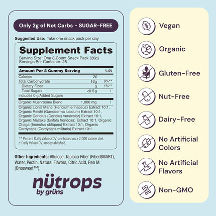 Grüns Nutrops Sugar-Free Lions Mane Gummies — Focus, Energy & Brain Health (28 Day Supply)